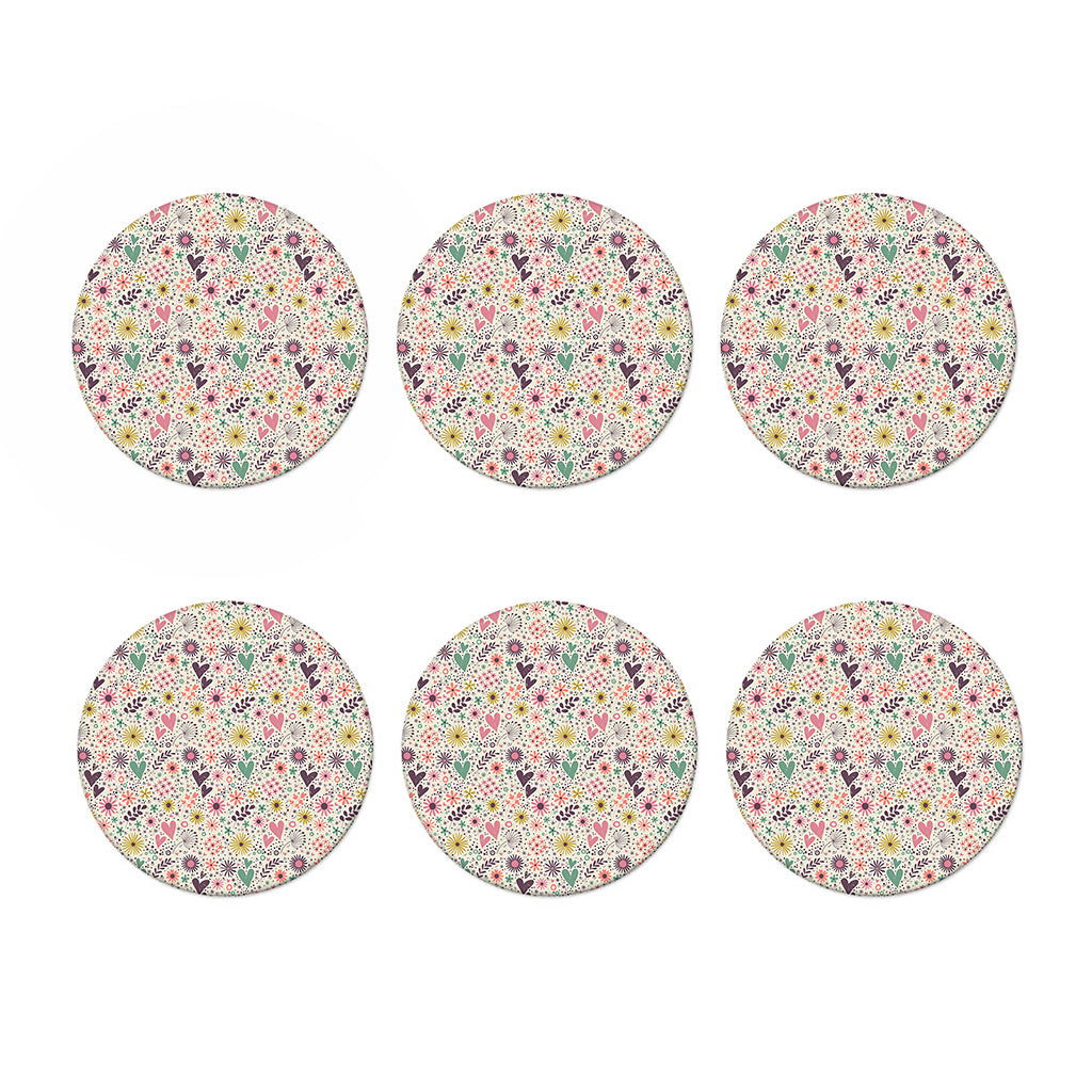 Girly Heart And Flower Pattern Print Coaster Set