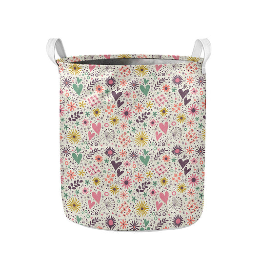 Girly Heart And Flower Pattern Print Collapsible Laundry Basket