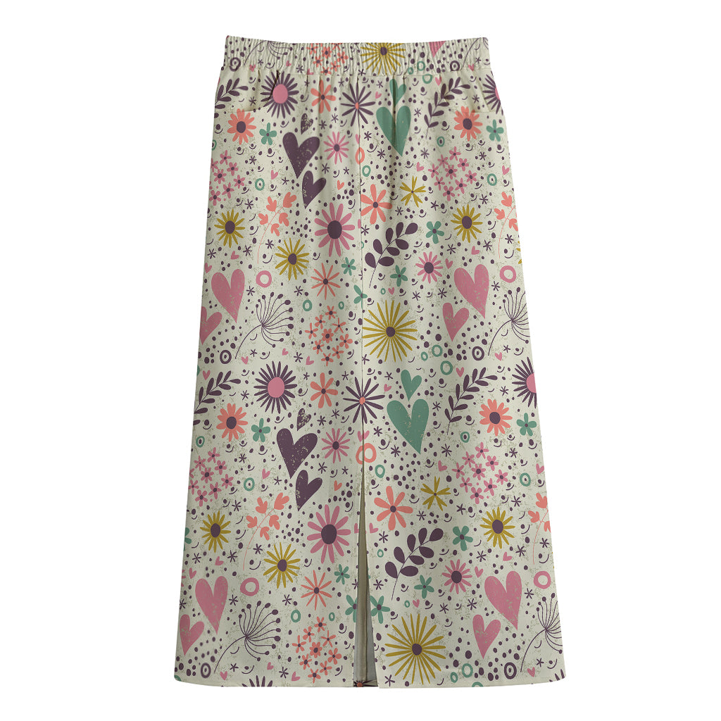 Girly Heart And Flower Pattern Print Cotton Front Slit Maxi Skirt