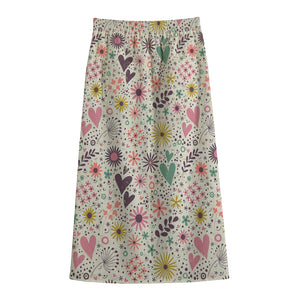 Girly Heart And Flower Pattern Print Cotton Front Slit Maxi Skirt