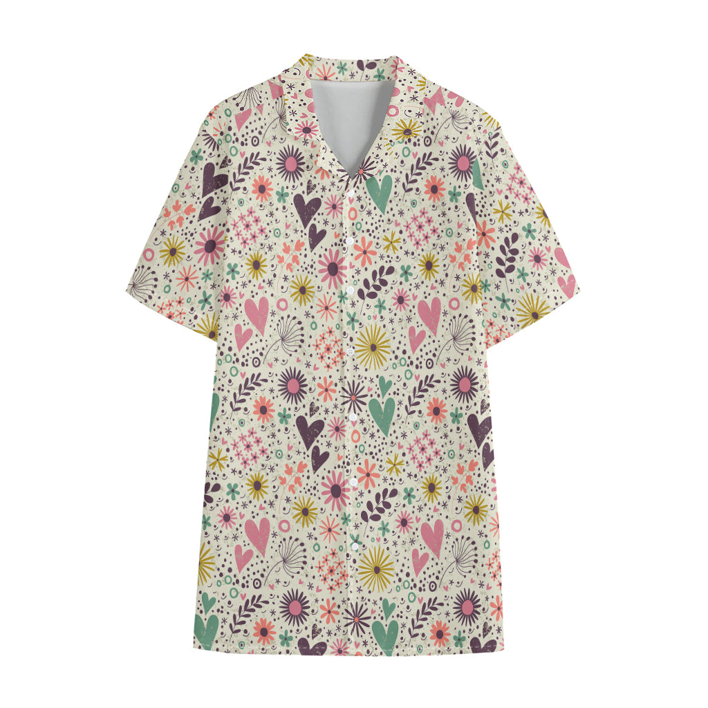 Girly Heart And Flower Pattern Print Cotton Hawaiian Shirt