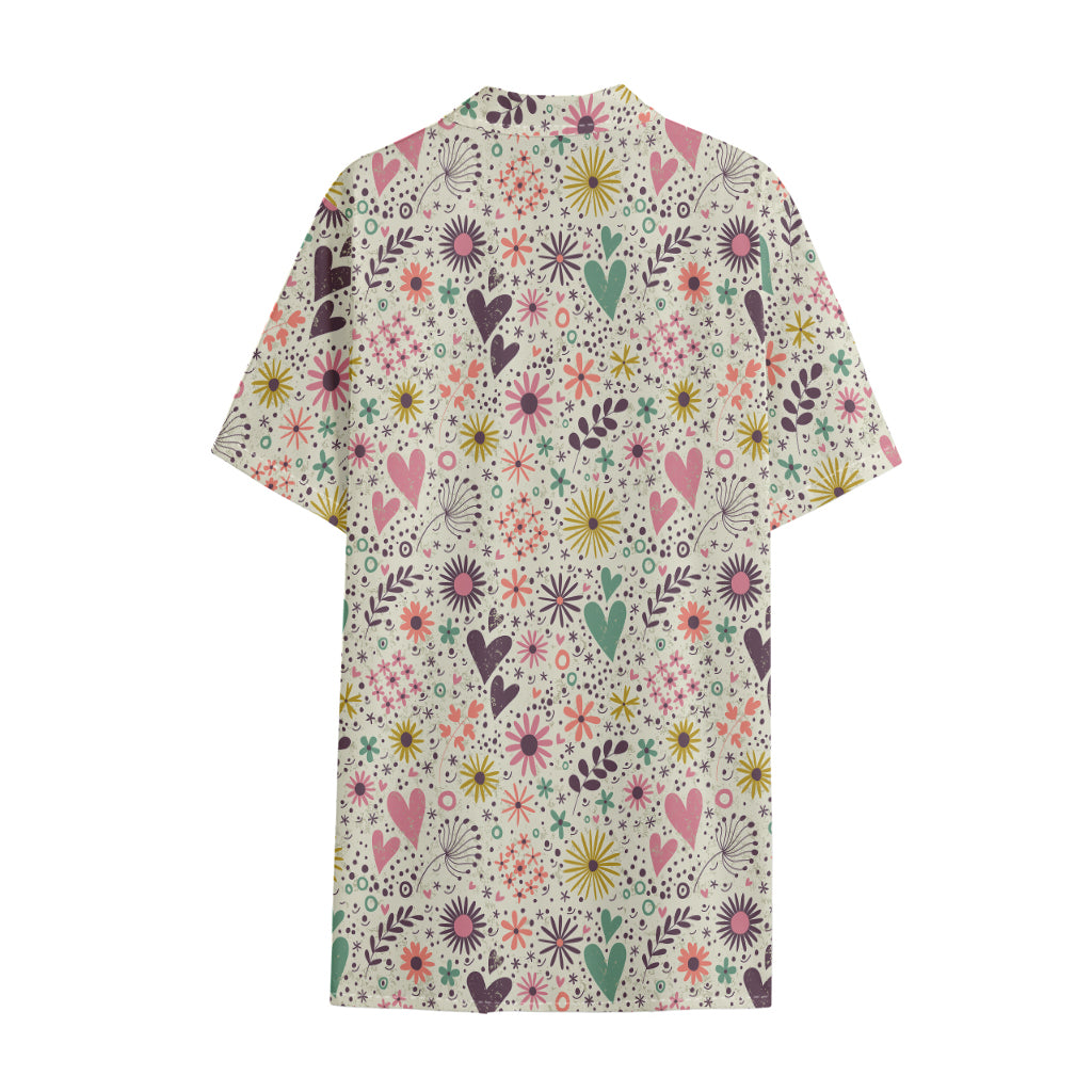Girly Heart And Flower Pattern Print Cotton Hawaiian Shirt