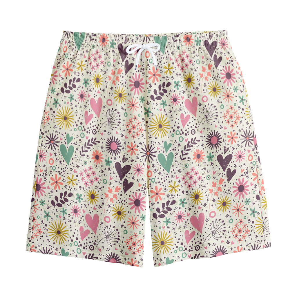 Girly Heart And Flower Pattern Print Cotton Shorts