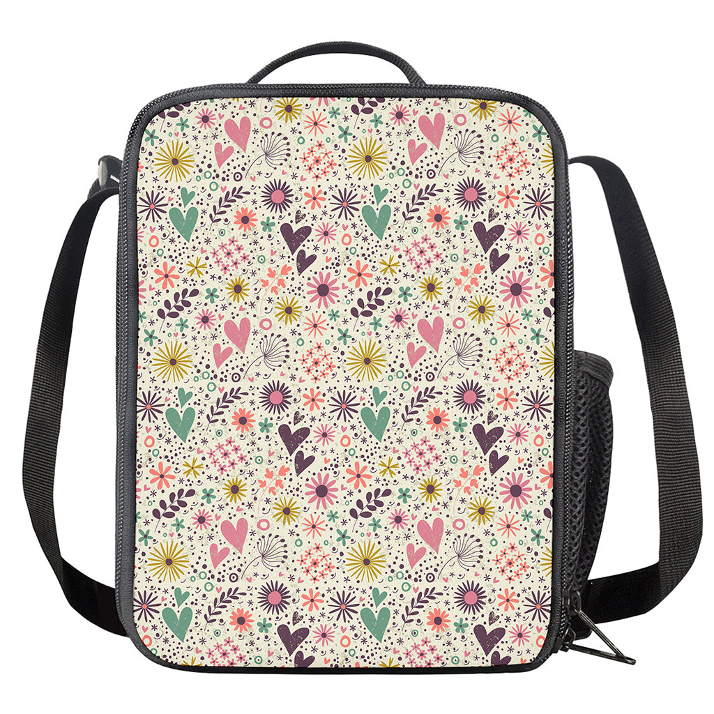 Girly Heart And Flower Pattern Print Crossbody Lunch Bag