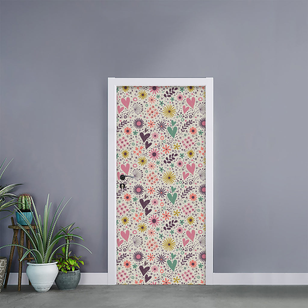 Girly Heart And Flower Pattern Print Door Sticker