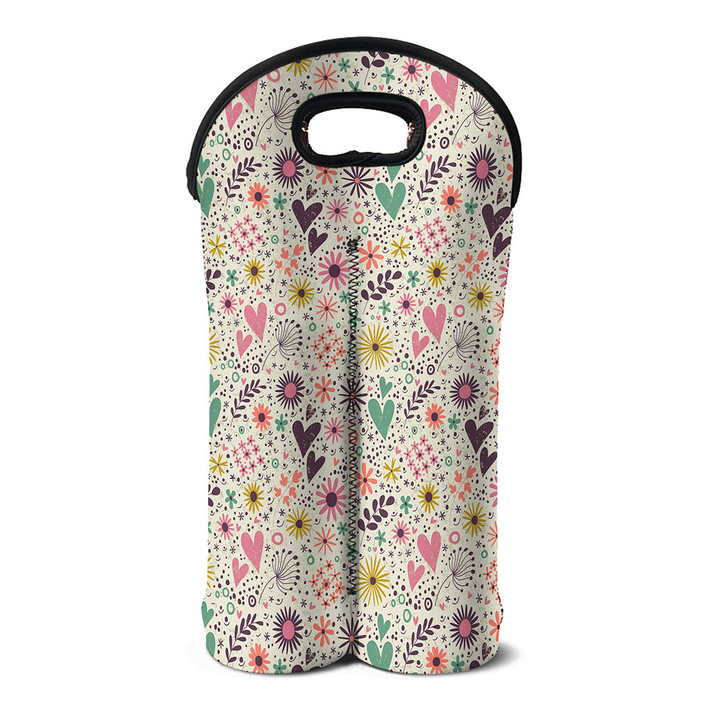 Girly Heart And Flower Pattern Print Double Neoprene Wine Tote