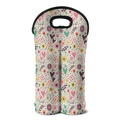 Girly Heart And Flower Pattern Print Double Neoprene Wine Tote