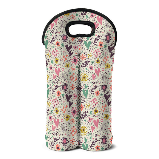 Girly Heart And Flower Pattern Print Double Neoprene Wine Tote
