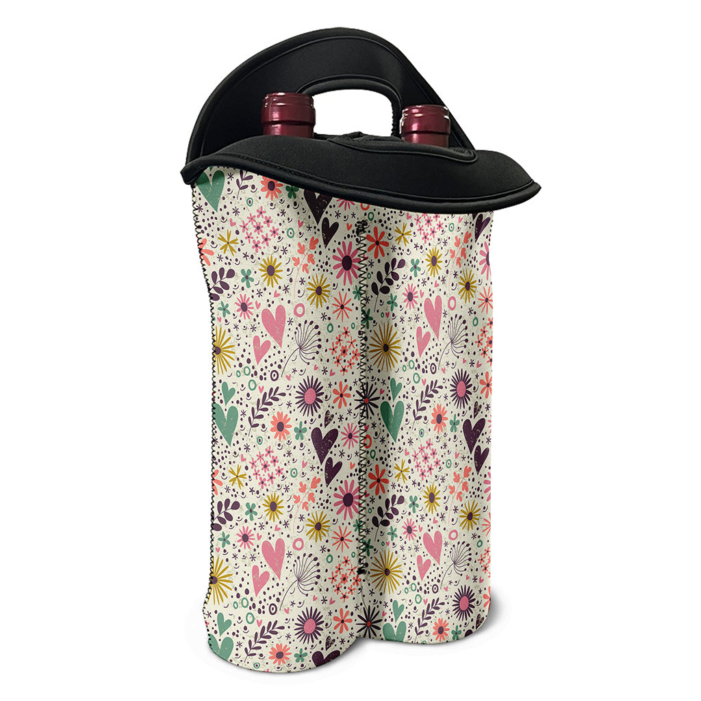 Girly Heart And Flower Pattern Print Double Neoprene Wine Tote