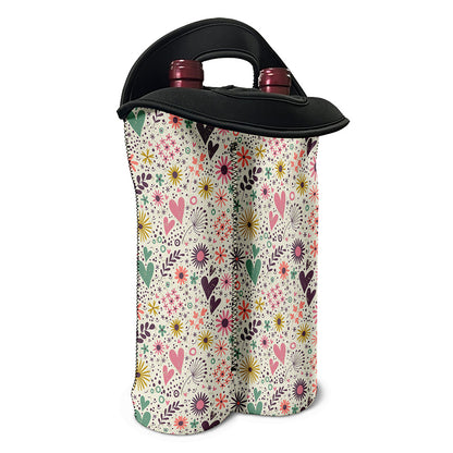Girly Heart And Flower Pattern Print Double Neoprene Wine Tote