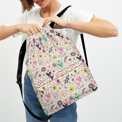 Girly Heart And Flower Pattern Print Drawstring Backpack