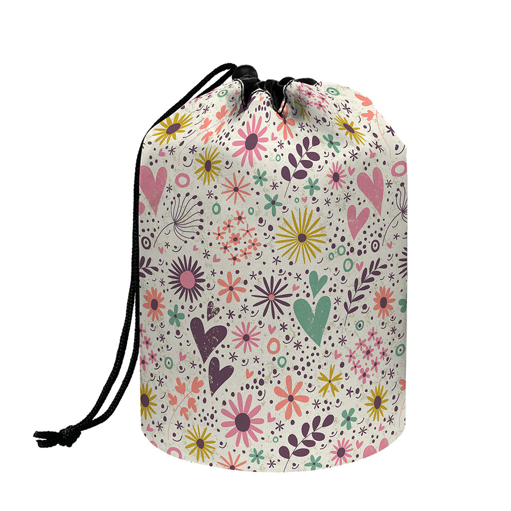 Girly Heart And Flower Pattern Print Drawstring Makeup Bag