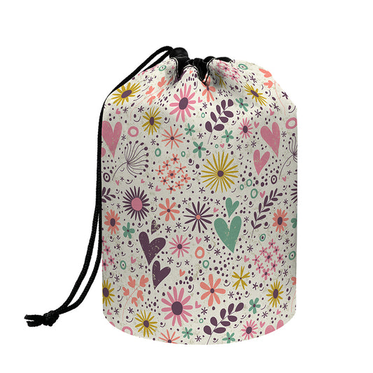 Girly Heart And Flower Pattern Print Drawstring Makeup Bag