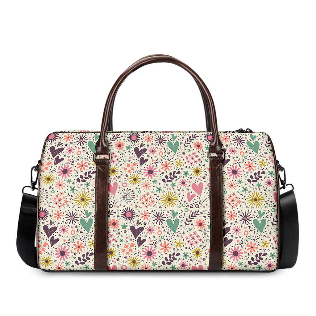 Girly Heart And Flower Pattern Print Duffle Bag