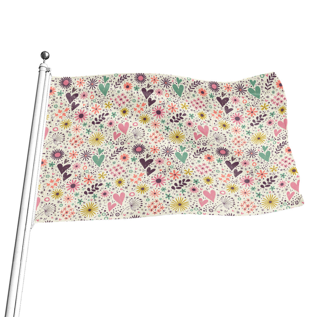 Girly Heart And Flower Pattern Print Flag