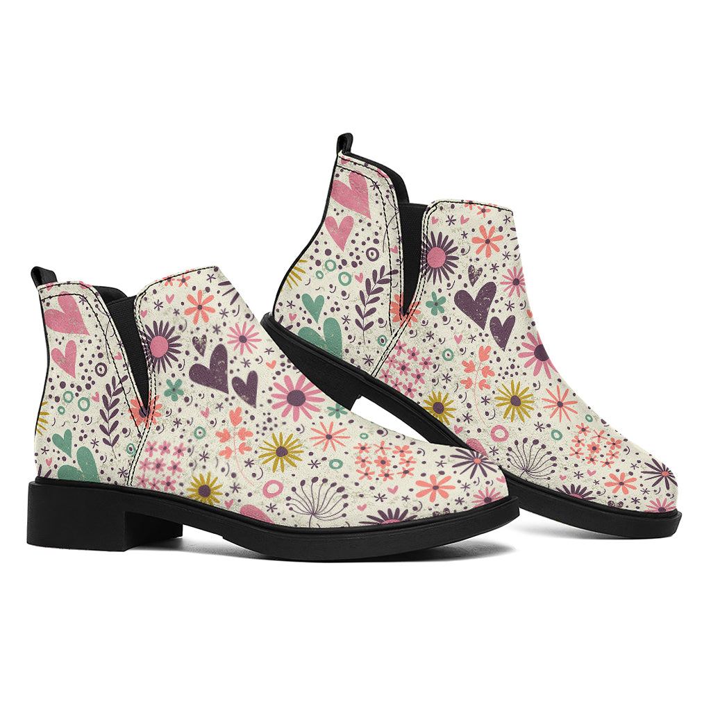 Girly Heart And Flower Pattern Print Flat Ankle Boots