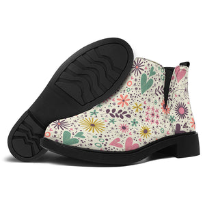 Girly Heart And Flower Pattern Print Flat Ankle Boots