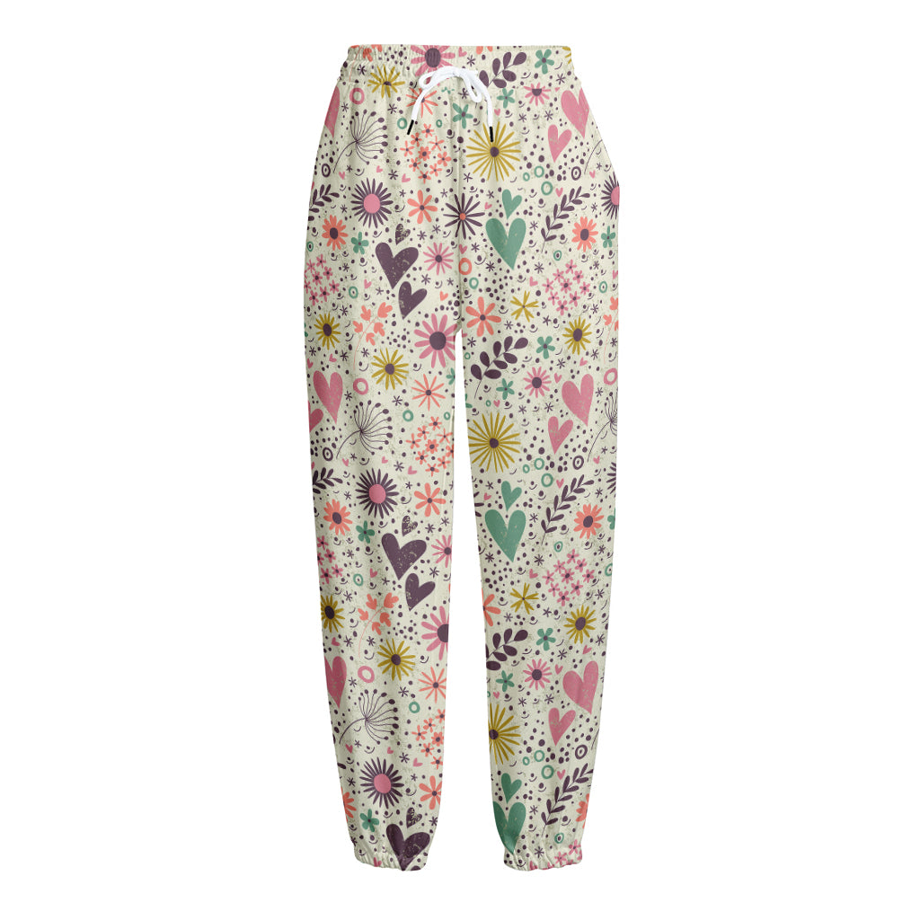 Girly Heart And Flower Pattern Print Fleece Lined Knit Pants