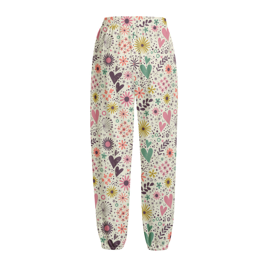 Girly Heart And Flower Pattern Print Fleece Lined Knit Pants