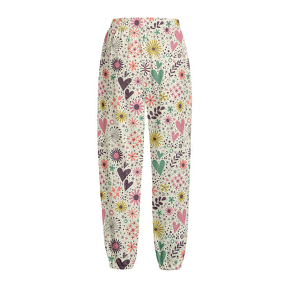 Girly Heart And Flower Pattern Print Fleece Lined Knit Pants