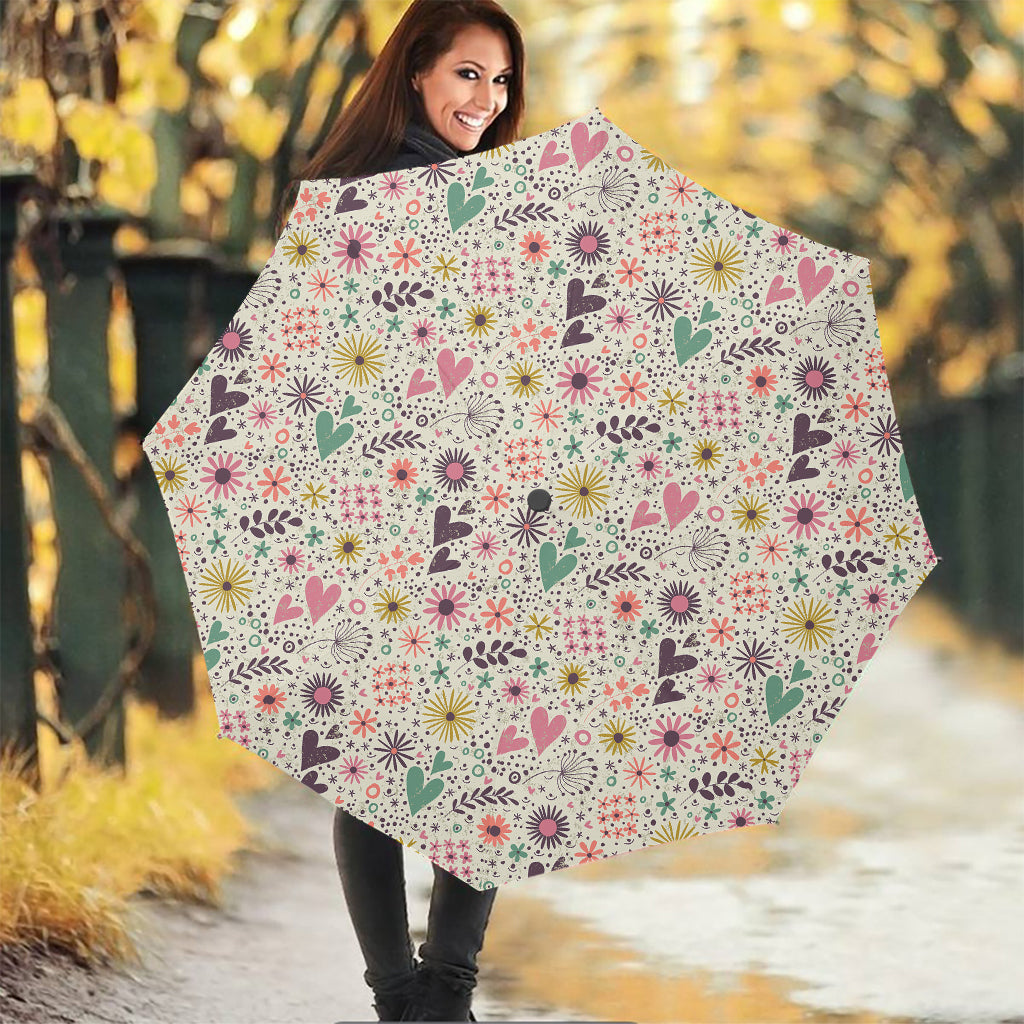 Girly Heart And Flower Pattern Print Foldable Umbrella