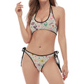 Girly Heart And Flower Pattern Print Halter Scoop Tie Side Bikini