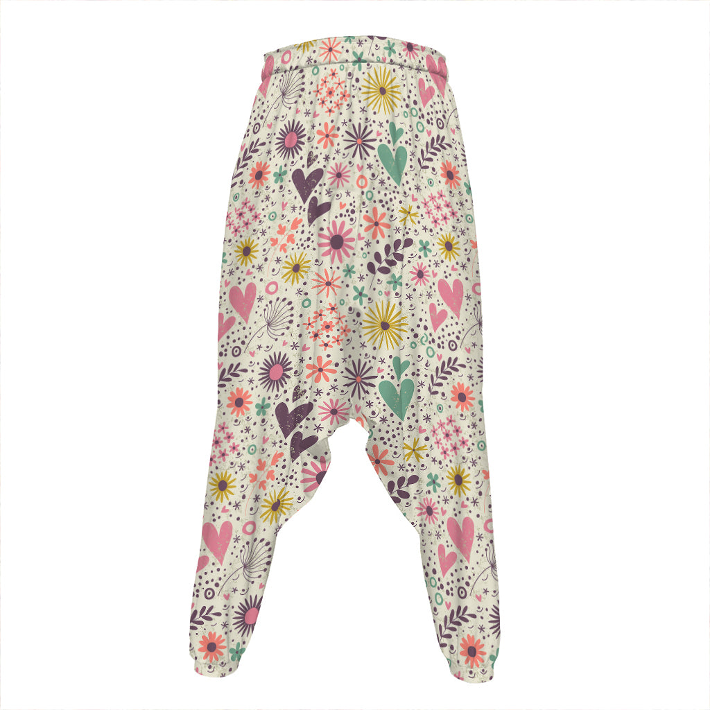 Girly Heart And Flower Pattern Print Hammer Pants