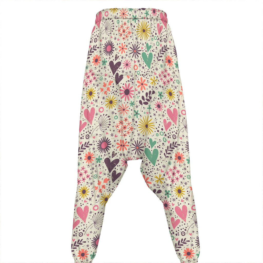 Girly Heart And Flower Pattern Print Hammer Pants