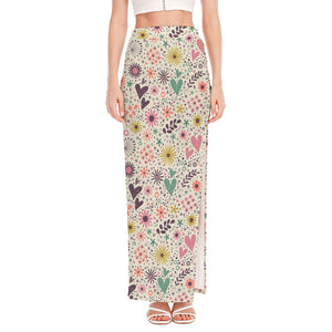 Girly Heart And Flower Pattern Print High Slit Maxi Skirt