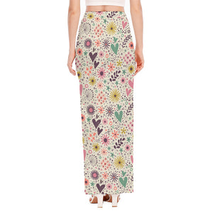 Girly Heart And Flower Pattern Print High Slit Maxi Skirt