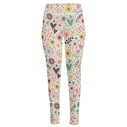 Girly Heart And Flower Pattern Print High-Waisted Pocket Leggings