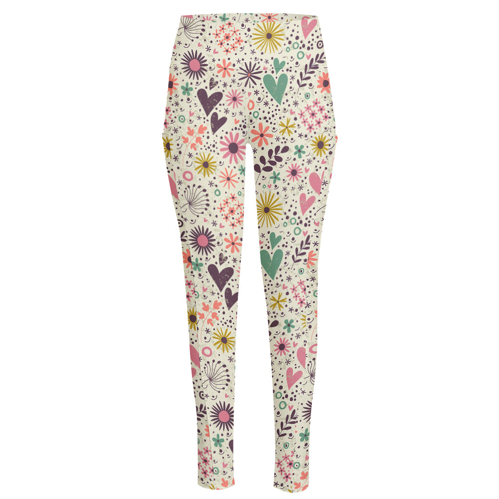 Girly Heart And Flower Pattern Print High-Waisted Pocket Leggings