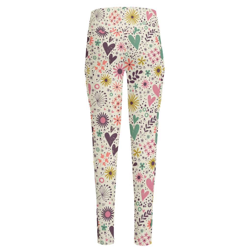 Girly Heart And Flower Pattern Print High-Waisted Pocket Leggings