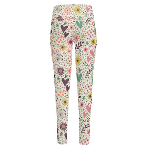 Girly Heart And Flower Pattern Print High-Waisted Pocket Leggings