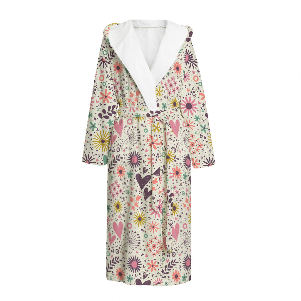 Girly Heart And Flower Pattern Print Hooded Bathrobe