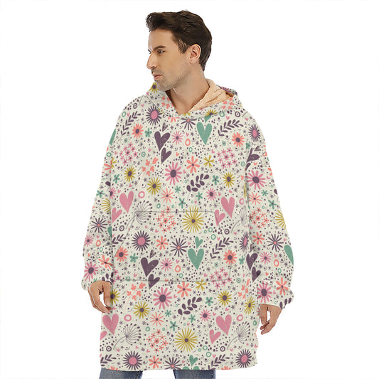 Girly Heart And Flower Pattern Print Hoodie Blanket