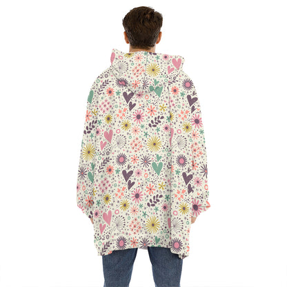Girly Heart And Flower Pattern Print Hoodie Blanket