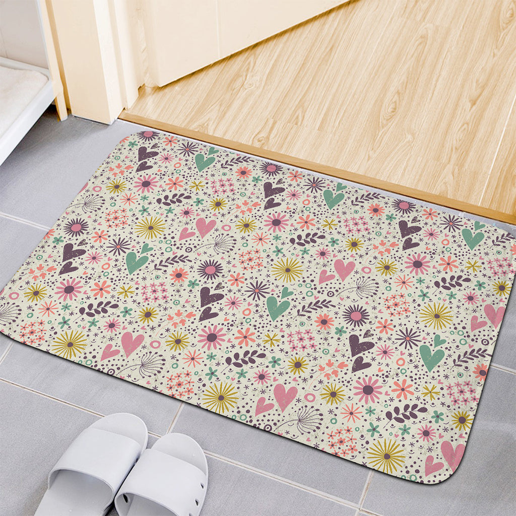 Girly Heart And Flower Pattern Print Indoor Door Mat