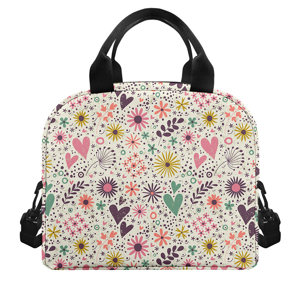 Girly Heart And Flower Pattern Print Insulated Lunch Bag