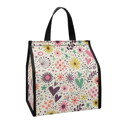 Girly Heart And Flower Pattern Print Insulated Lunch Tote
