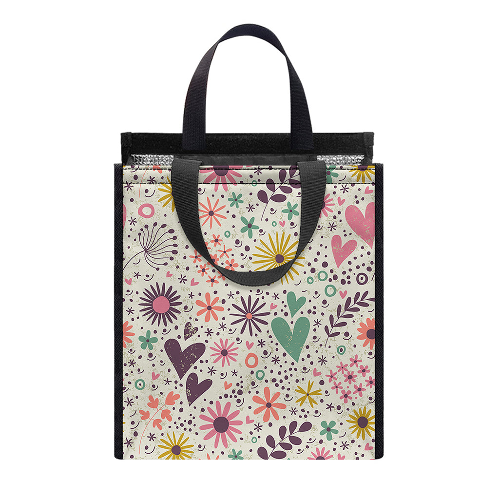 Girly Heart And Flower Pattern Print Insulated Lunch Tote