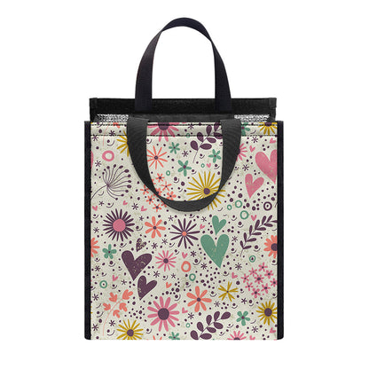Girly Heart And Flower Pattern Print Insulated Lunch Tote