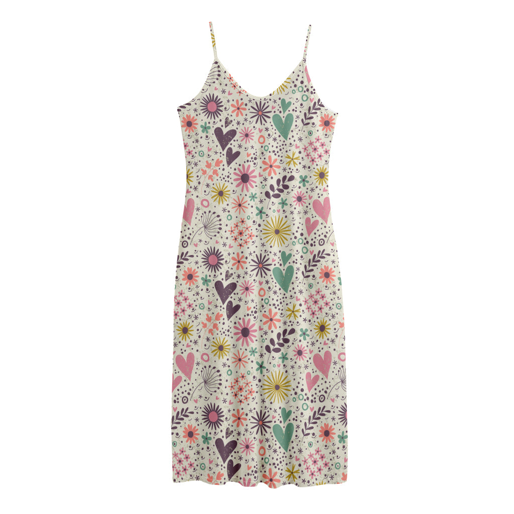 Girly Heart And Flower Pattern Print Jersey Midi Cami Dress