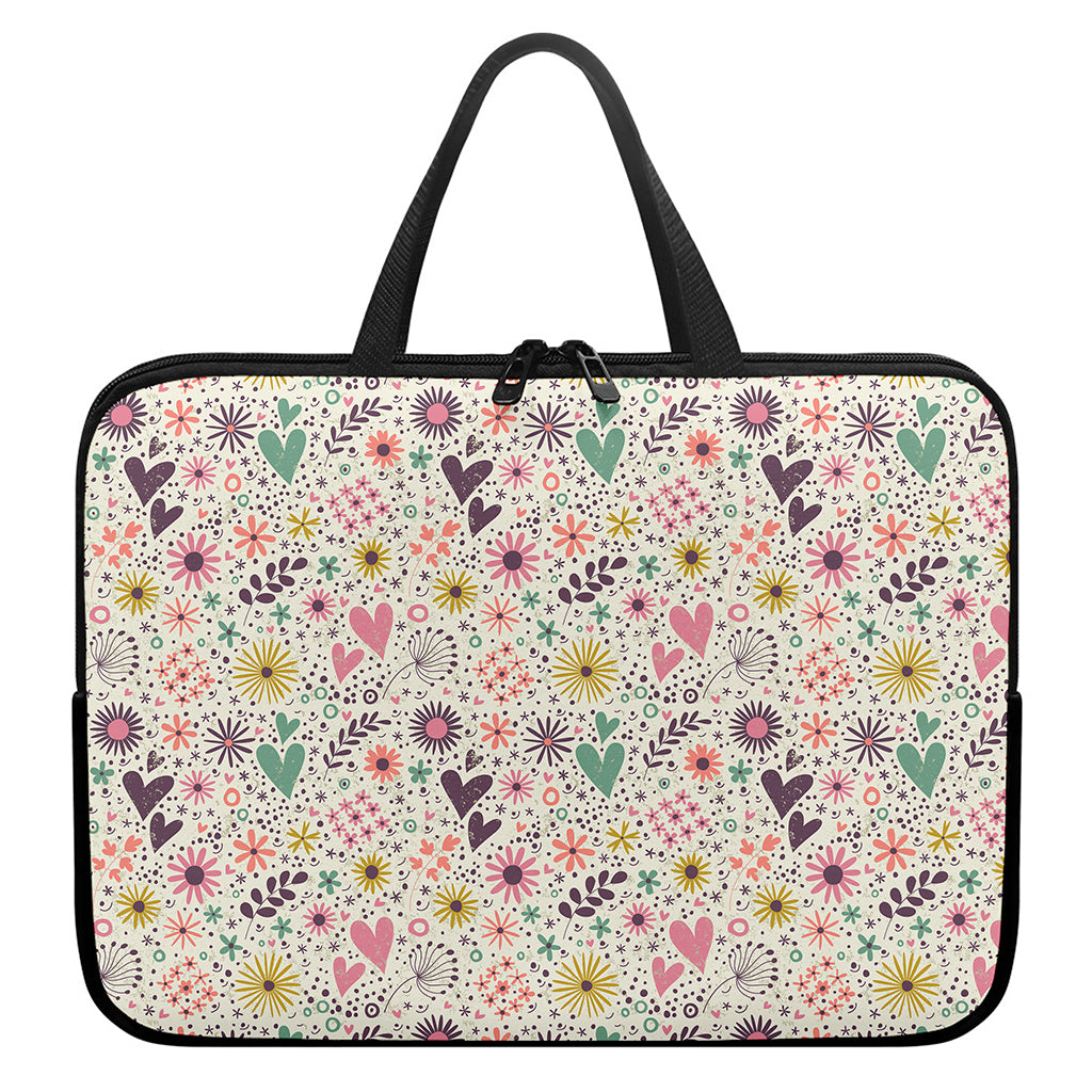 Girly Heart And Flower Pattern Print Laptop Sleeve With Handle