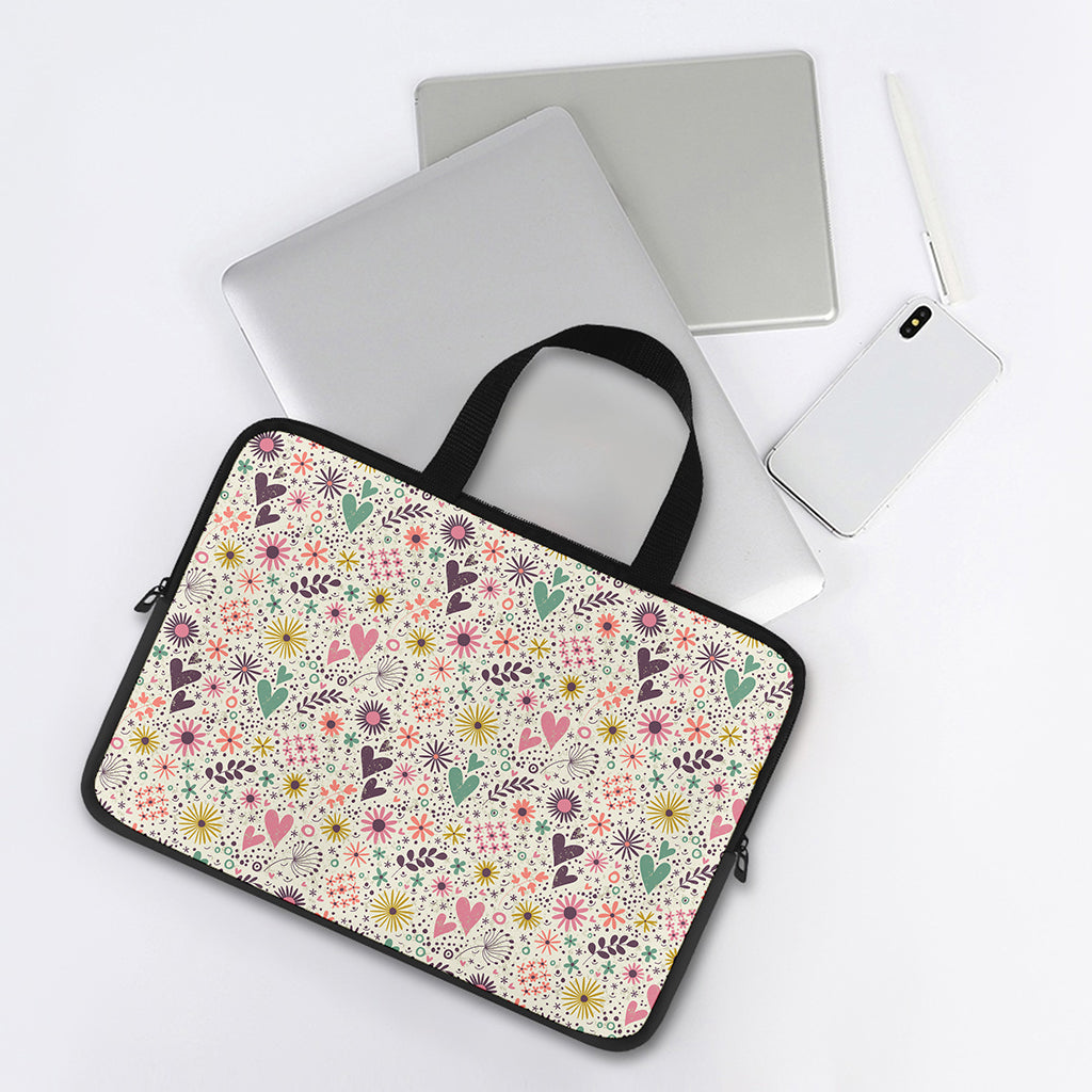 Girly Heart And Flower Pattern Print Laptop Sleeve With Handle
