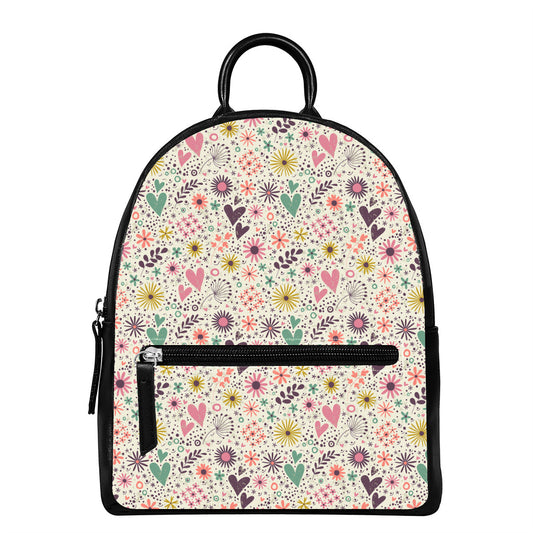 Girly Heart And Flower Pattern Print Leather Backpack