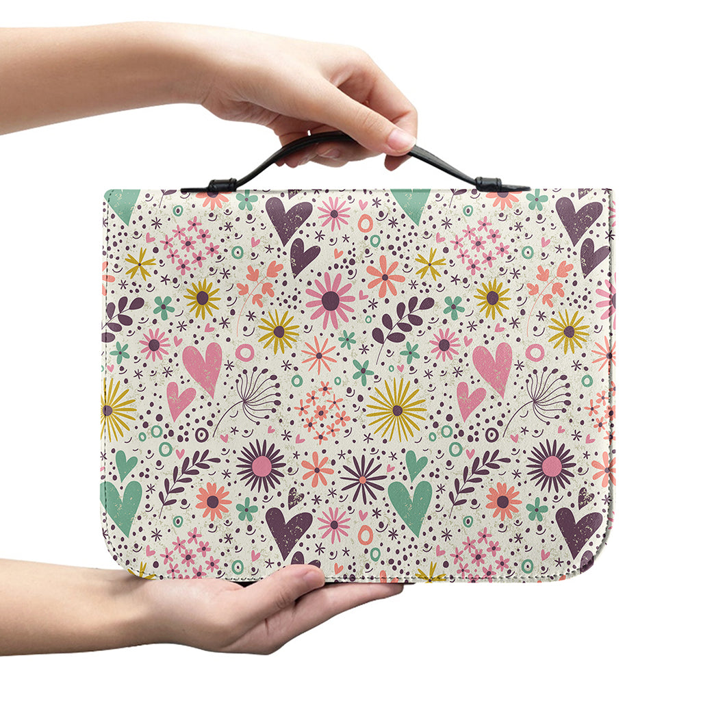 Girly Heart And Flower Pattern Print Leather Bible Cover