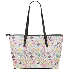 Girly Heart And Flower Pattern Print Leather Tote Bag