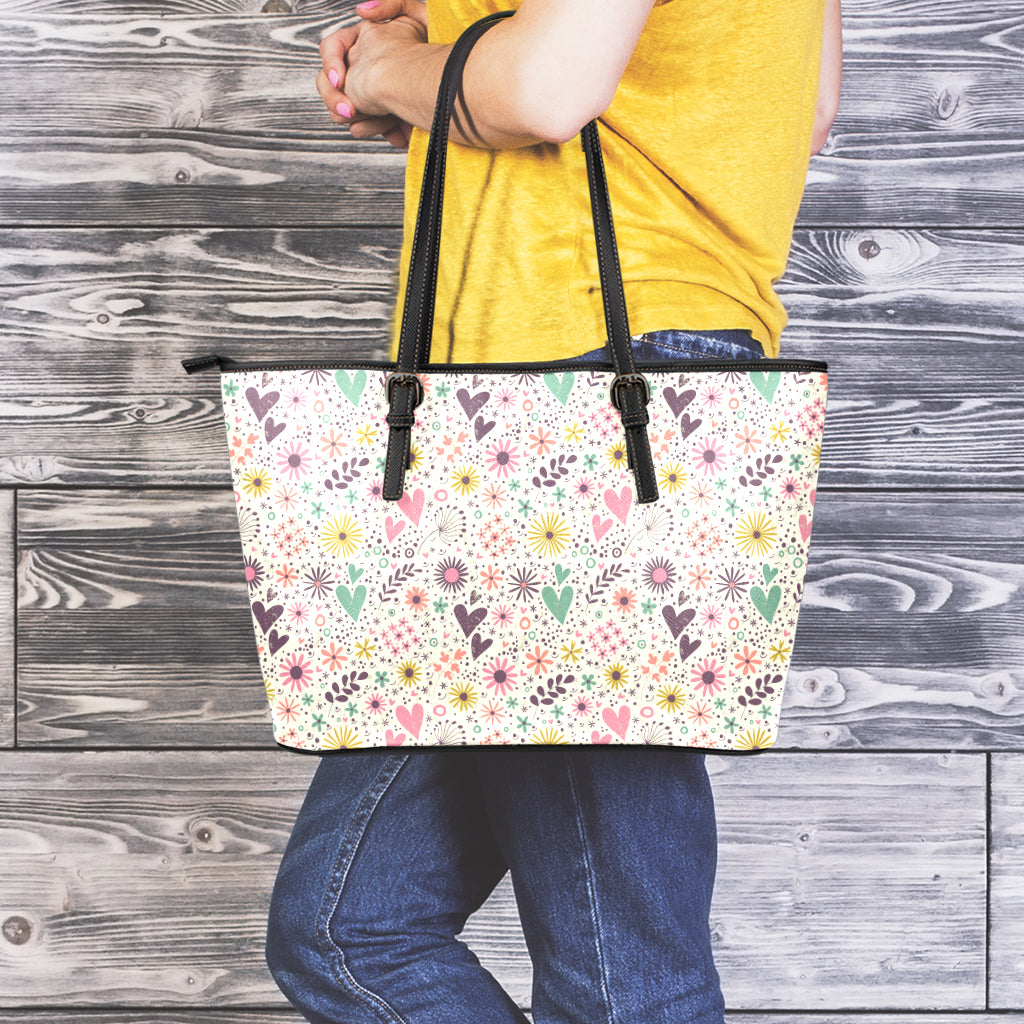 Girly Heart And Flower Pattern Print Leather Tote Bag