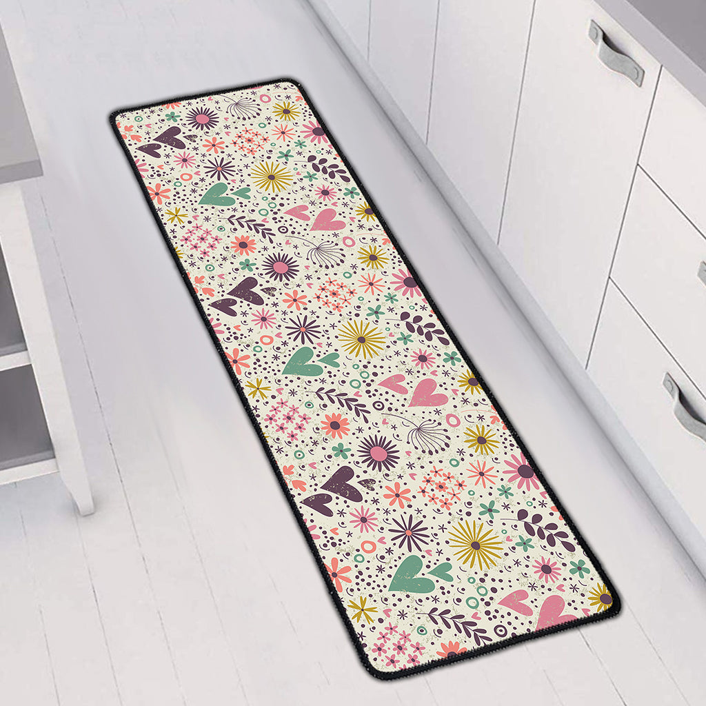 Girly Heart And Flower Pattern Print Long Kitchen Mat